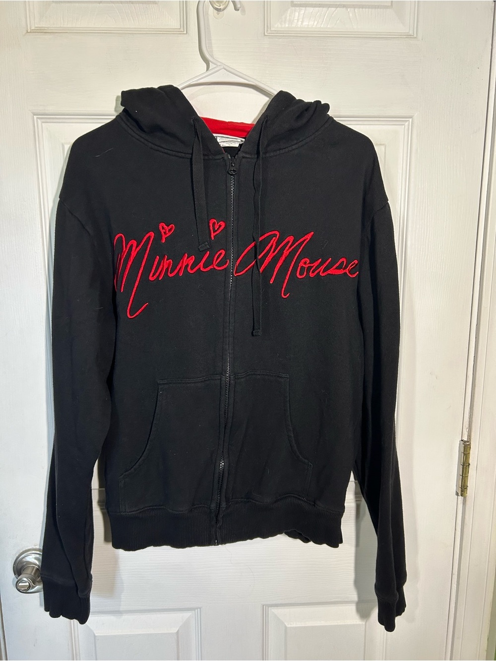 Minnie Mouse Signature Black Zip-Up Hoodie ears bow hood Size Large Disney Parks